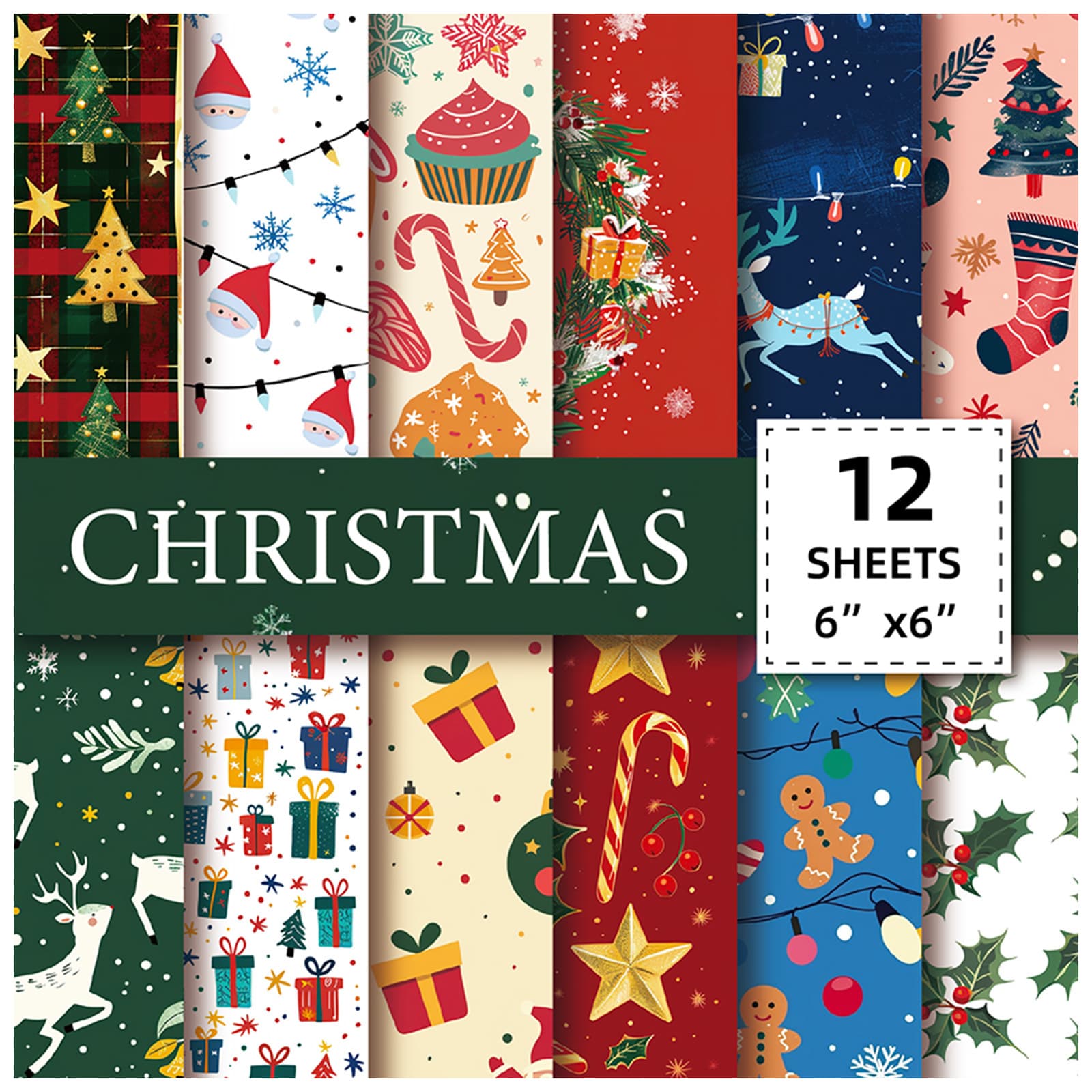 12 sheets/pack 2024 Christmas theme patterned paper, gift floral print background decorative paper, DIY scrapbooking journaling supplies