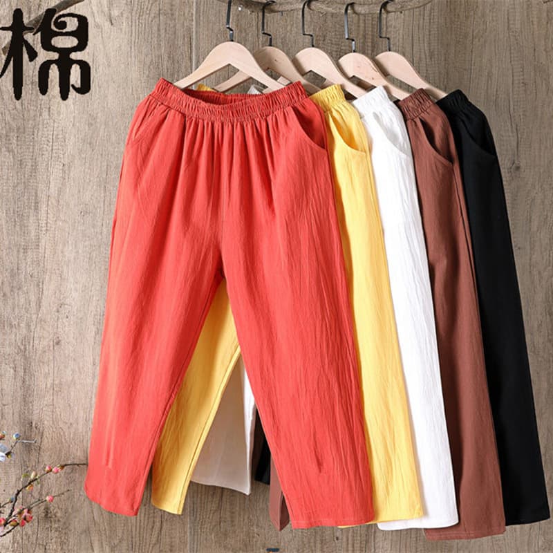 Linen Cotton Nine-Tenths Harem Pants Women Summer Artistic Solid Loose Elastic Waist Slim Carrot Pants Versatile Linen Nine-Tenths Pants
