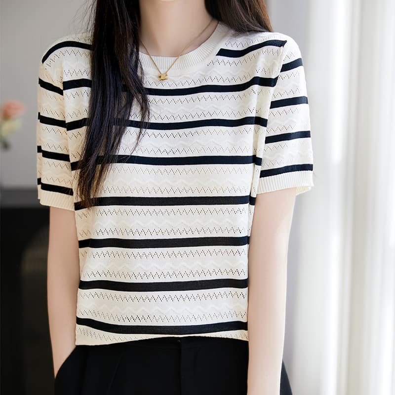 [Factory Direct] New Summer Contrast Stripe Crew Neck Tencel Short Sleeve T-Shirt for Women, Cropped Slim Fit Knit Top