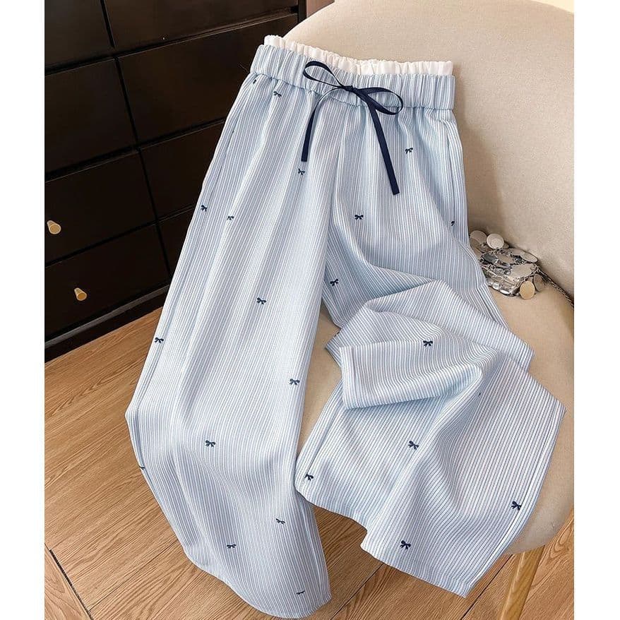 Light Blue Striped Bow Print 2025 New Arrival Early Spring Casual Versatile Wide-Leg Pants Women's High-Waist Long Pants