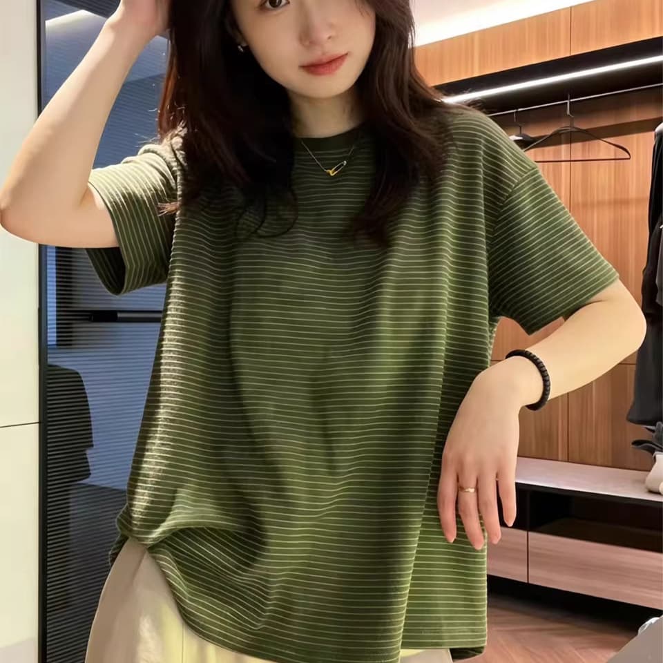 2026 Summer New American Retro Sweet Spicy Style Green Striped Short Sleeve T-Shirt Women Loose Slimming Top Ins