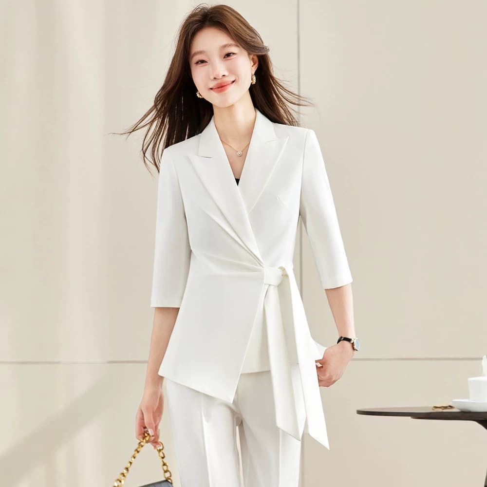 Women's Summer New Trendy Light Mature Style Belted Blazer Set Luxury White Blazer Jacket Wholesale