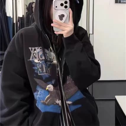 Original 26SS Eagle Zip Up Hooded Collaboration Eagle Graphic Print Zip-Up Hoodie Hooded Sweatshirt