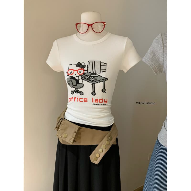 Saina [WGWE] 5283 American Street Style Parody Kitty Print Short Sleeve ABG Slim Fit Crop Top
