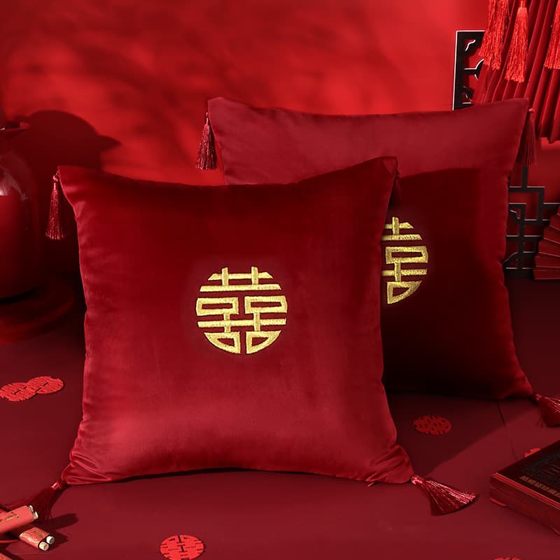 Red "Double Happiness" wedding pillows for bridal chamber and bed decoration, newlywed essentials and sofa cushions.