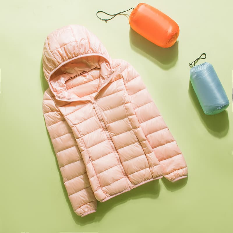 2025 Spring and Autumn New Thin Down Jacket Women's Short White Duck Down Slim Large Size Hooded Jacket Comes with Storage Bag
