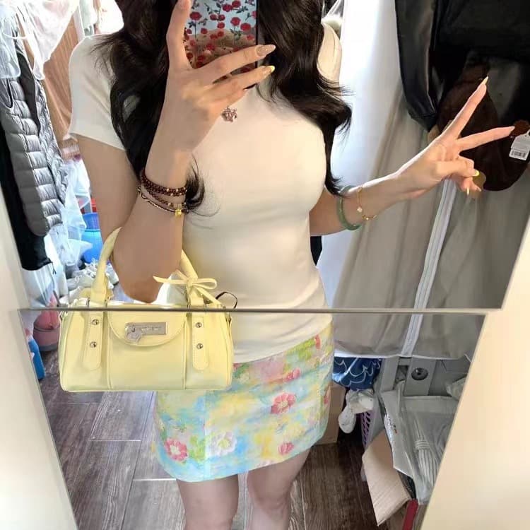 [Skirt + Top] Korean Style White Short-Sleeve Slim-Fit T-Shirt with Floral Print High-Waist A-Line Skirt for Women