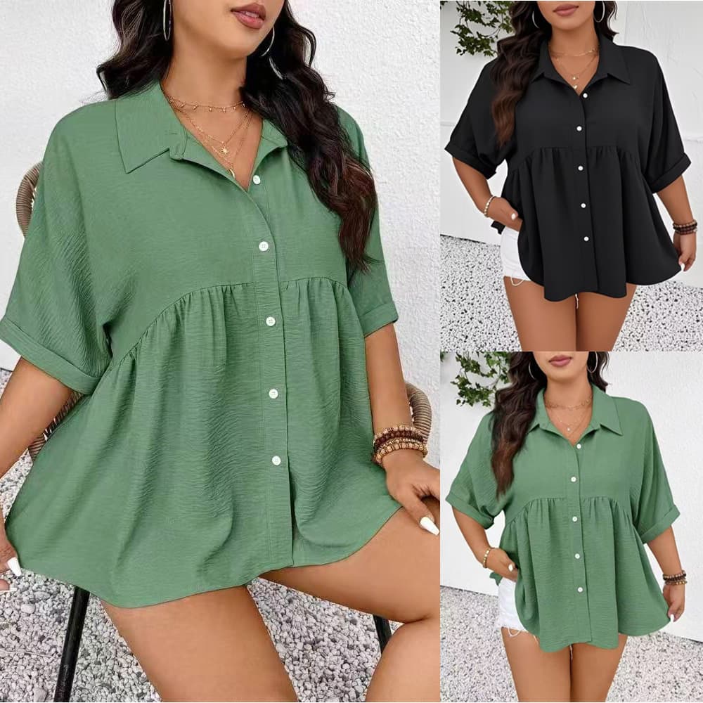 2026 Cross-border Foreign Trade Summer Plus Size Women's Shirt Tops Short Sleeve Puff Skirt Single Row Button Shirt Versatile