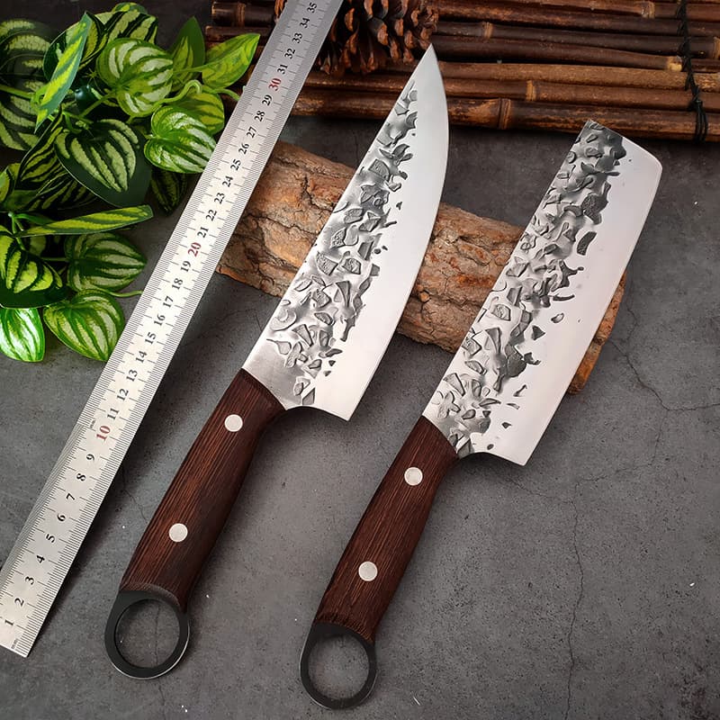 Stainless Steel Beef Butcher Knife, Pork Boning Knife, Household Kitchen Lady's Small Cleaver, Hammered Pattern with End Ring for Meat Slicing