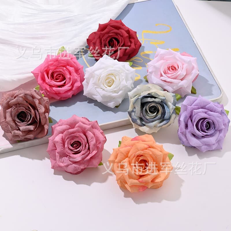 Artificial Flower Rolled Edge Rose Head Accessory DIY Silk Fabric Headpiece Wedding Decoration Arrangement Flower Box Decor
