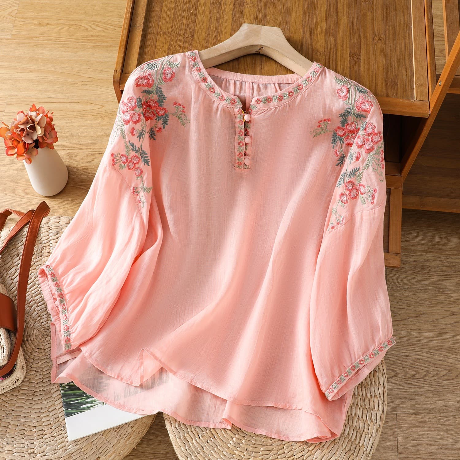 Vintage Ethnic Style Heavy Embroidery Ramie Shirt Women Thin Lantern Sleeve Linen Doll Blouse Loose Cotton Linen Top