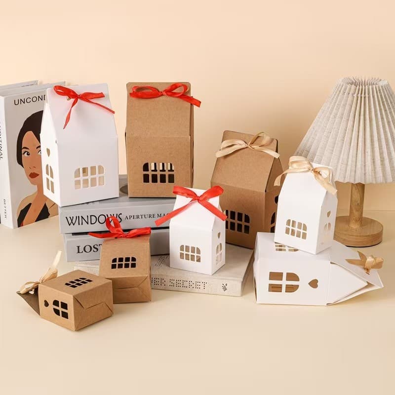 Cross-border Christmas Gingerbread House Candy Box Festive Bow Small Gift Box White Brown Gift Packaging Box