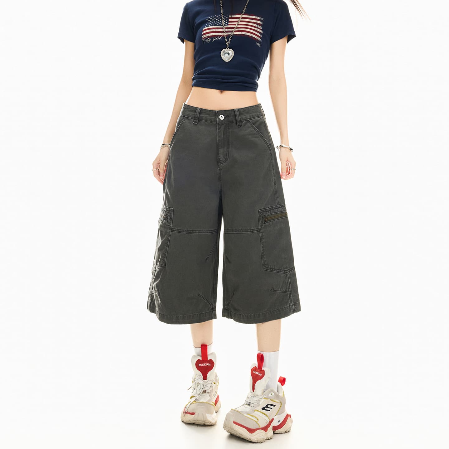 Trendy brand men's and women's large pocket overalls 2026 summer new straight high waist loose slimming wide leg cropped pants