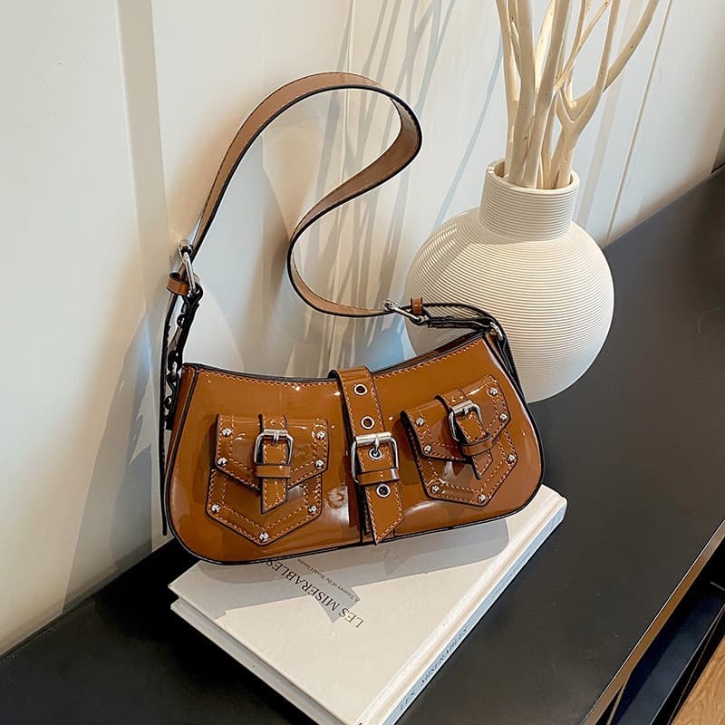 Cross-Border Niche Underarm Bag Hot Girl Crocodile Pattern Motorcycle Bag Rivet Baguette Bag European and American Fashion Shoulder Crossbody Women's Bag