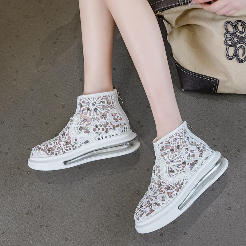 High-Top Breathable Mesh Sneakers Women's Summer New Style Glitter Crystal Slip-On Sporty Platform Boots round Toe Mid Heel
