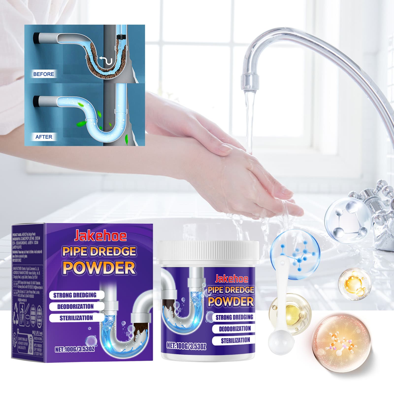 JAKEHOE Drain Unclogging Powder, Household Kitchen and Bathroom Drain Anti-Clog Deodorizing Pipe Cleaning Powder