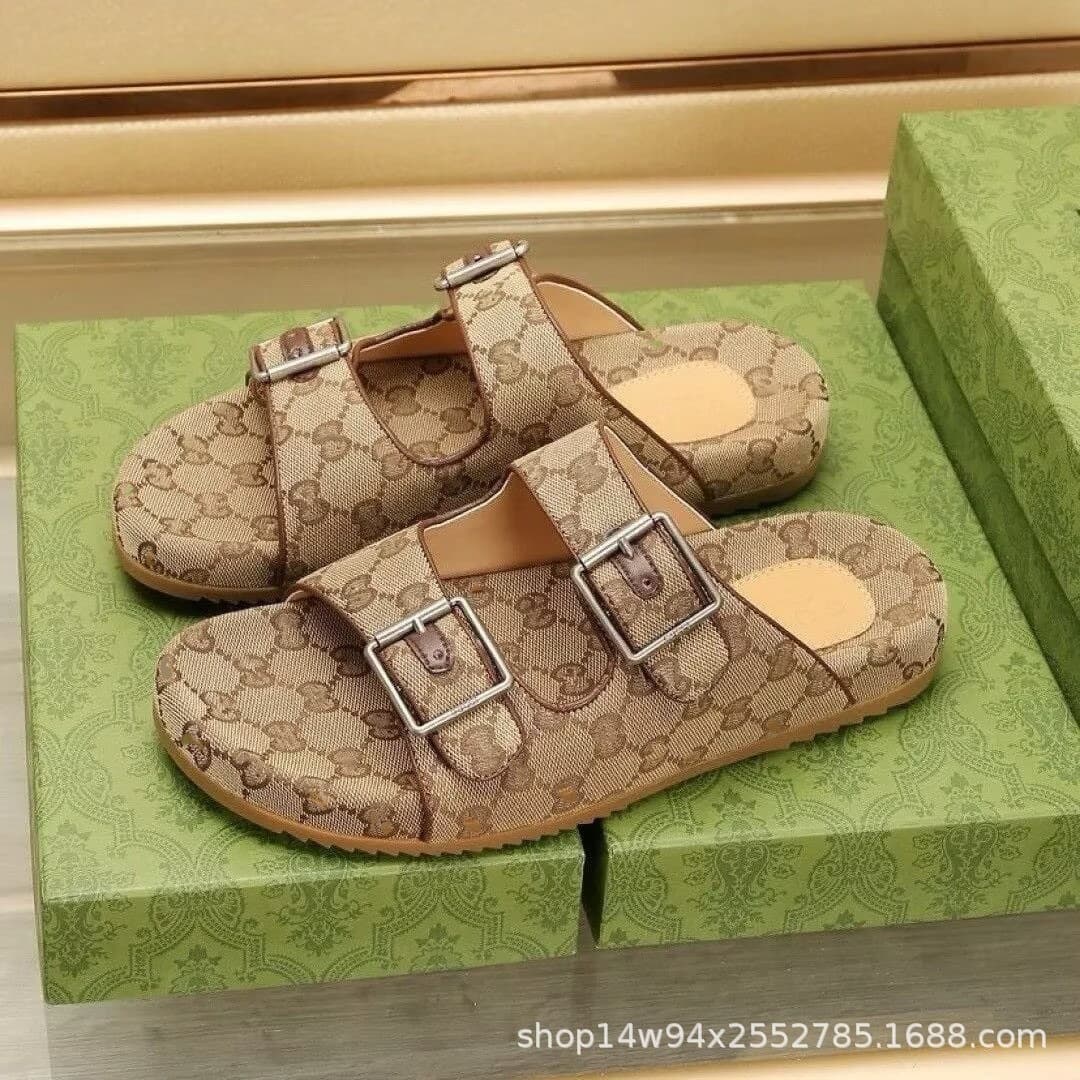 Cross-border Trade High Version G Belt Double Buckle Denim Thick Sole Slippers for Women Embroidered Letter Sandals Europe America Dubai