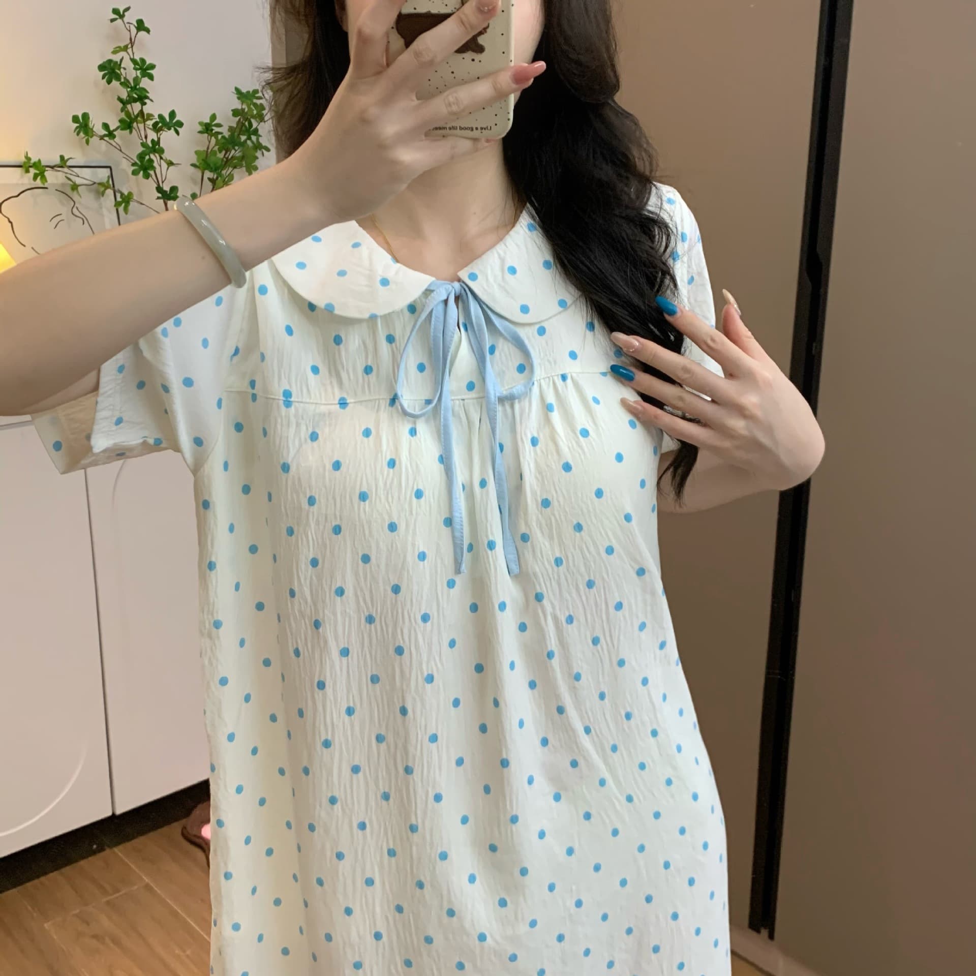 Cute Blue Polka Dot Bow Short Sleeve Pajamas Women Summer Mid-Length Nightgown Doll Collar Wearable Homewear