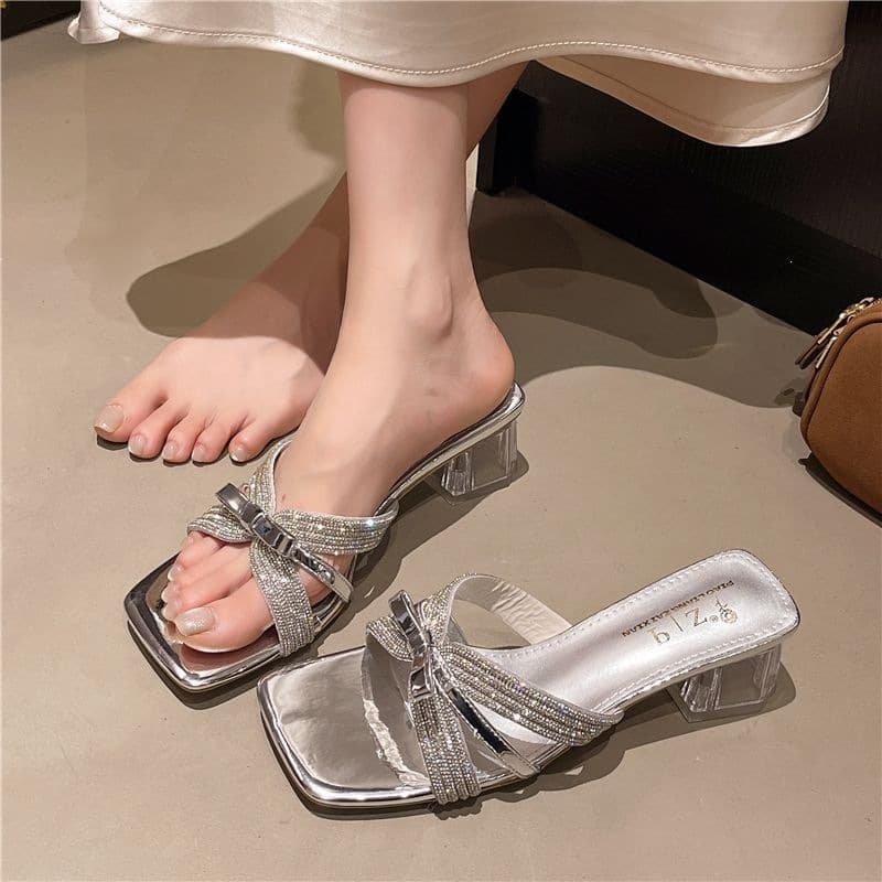 Silver bow fashion rhinestone sandals medium heel summer outer wear with skirt fairy versatile thick heel flip flops