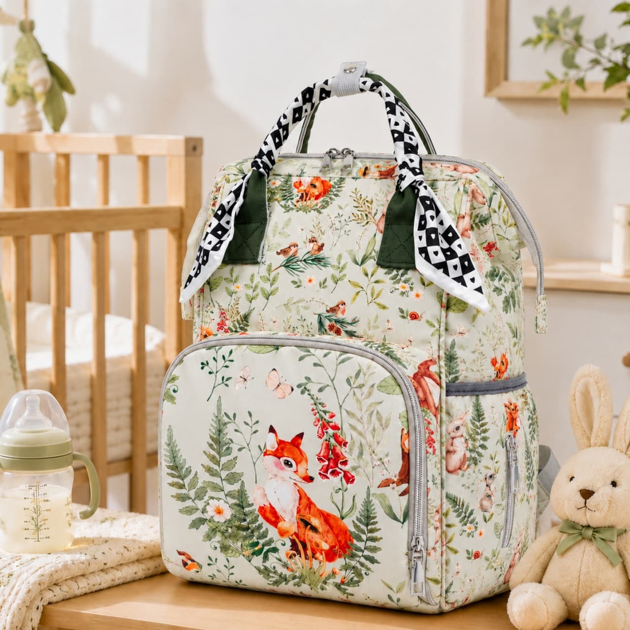 Forest Series Mommy Bag Maternity Diaper Bag with Scarf Decoration Handbag New Style Backpack Lightweight and Stylish for Outings