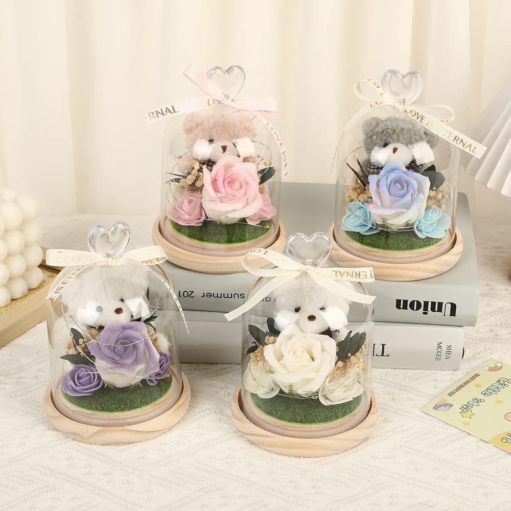 New Artificial Flower Glass Dome Plastic Cover Gift Cute Bear Valentine's Day Gift Premium Flower Lamp Wholesale