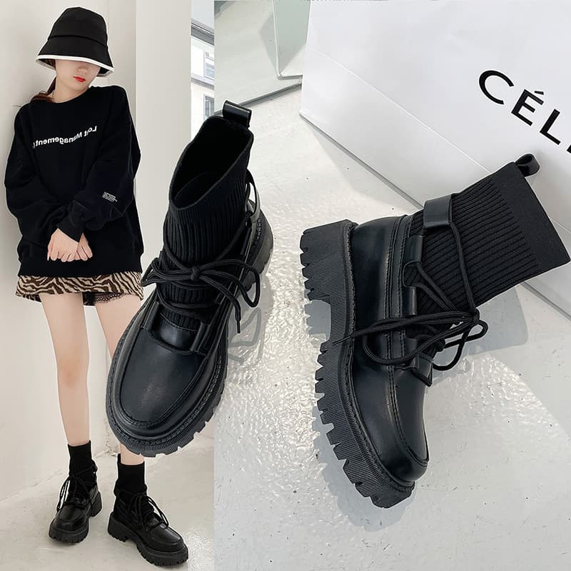 Black Sock Boots with Knit Panel Classic Women's Chunky Heel Martin Boots Low Heel Leather Boots Short Mid-Calf Lined Single Boots