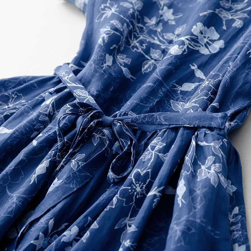2026 Spring/Summer New Light Luxury Ramie Kimono-Style Dress Printed Over-Knee Loose Retro Blue Floral Dress