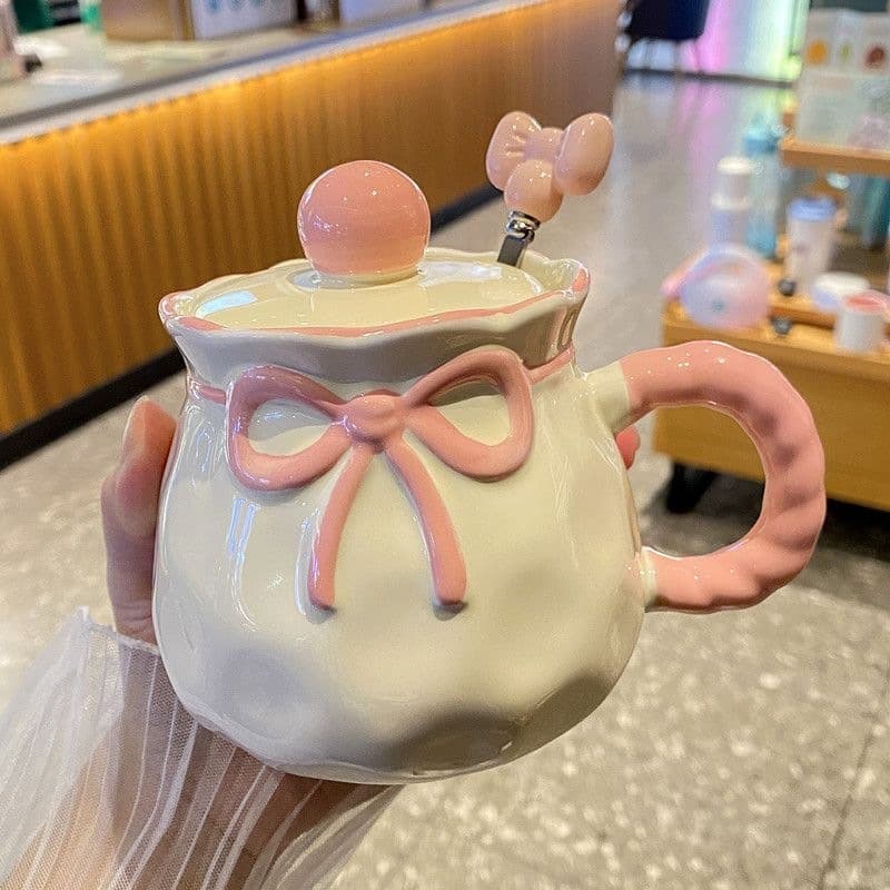 Back to School Gift Ins Style High Aesthetic Cute Bow Tie Ceramic Mug with Lid and Handle Water Cup Gift