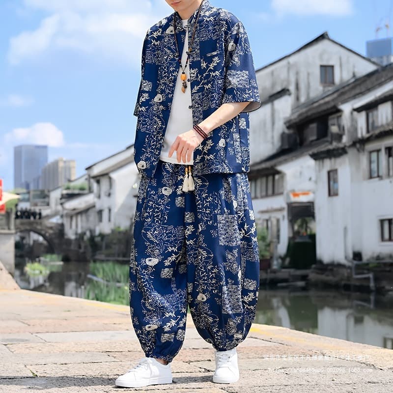 Chinese Ink Wash Linen Shirt and Trousers Two-Piece Set