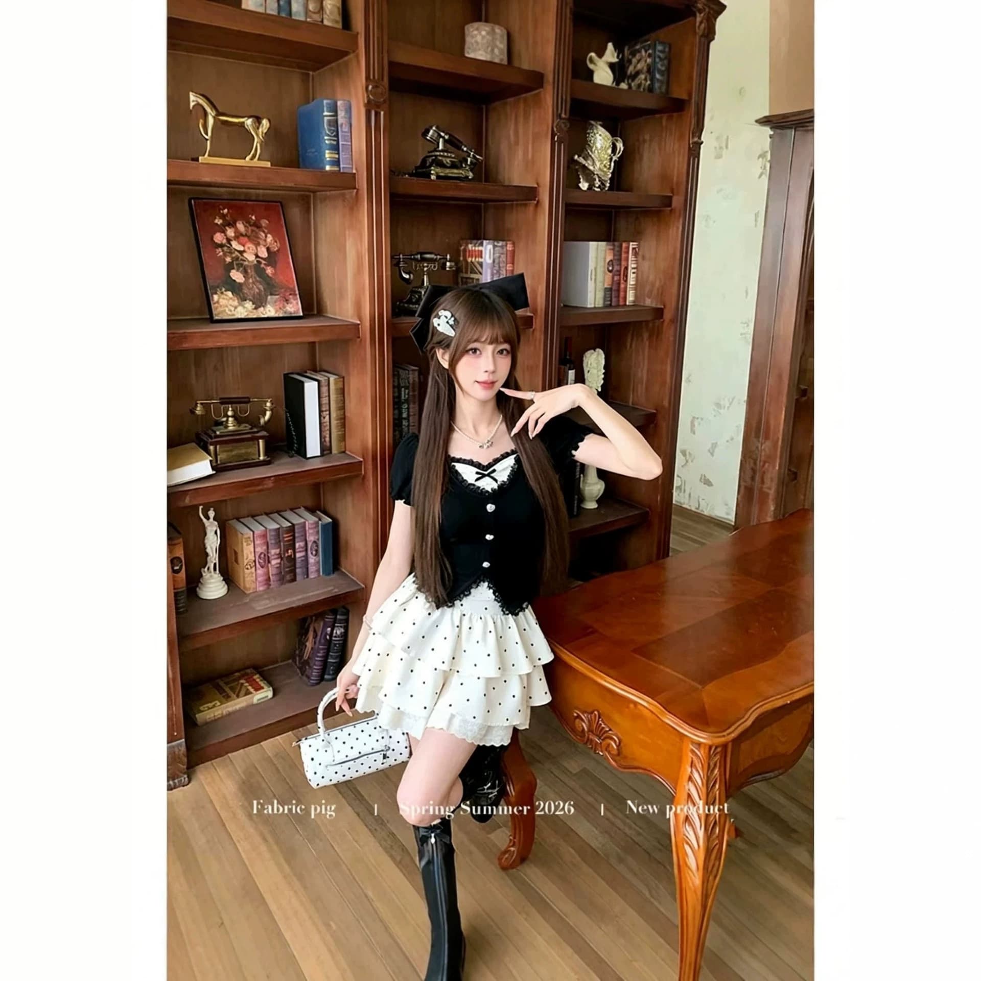 Original workmanship, sweet and fashionable fake two-piece top, waist-cinching skirt, two-piece summer t-shirt tutu skirt set