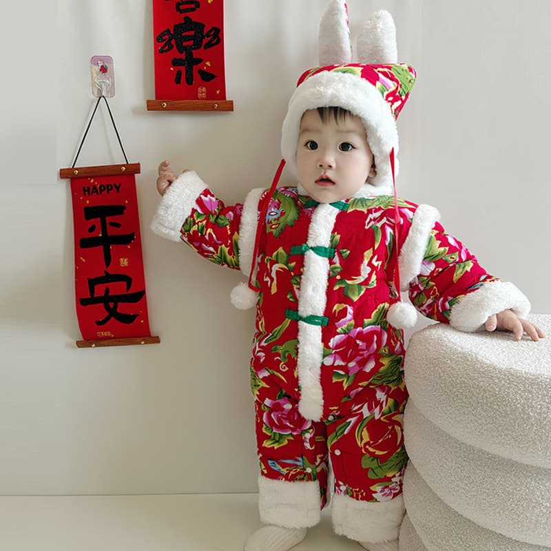 [Custom] Newborn Baby Winter Onesie, Northeast Chinese Floral Cotton-Padded Jacket, Chinese New Year Outfit, Thickened Romper