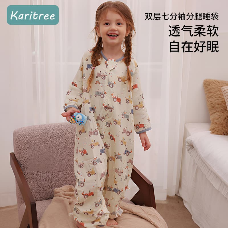 Baby Sleep Sack Spring Summer Double Layer Bamboo Cotton Muslin Sleep Sack Infant Sleep Sack Children's Three-Quarter Sleeve Muslin Sleep Sack Split Leg