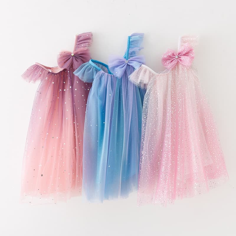 Girls Butterfly Bow Tulle Dress New Children's Stage Gown Flower Girl Princess Dress Sequins Rainbow Dress
