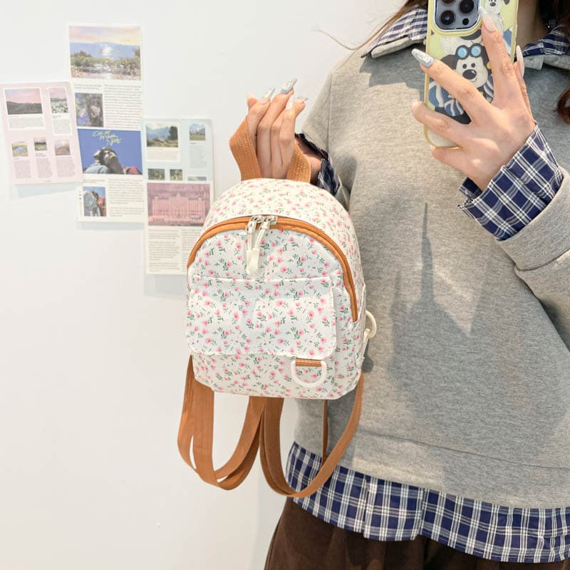 Small Floral Canvas Backpack for Women 2025 New Korean Style Fresh Corduroy Casual Mini Backpack