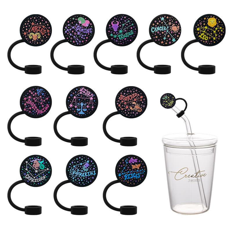 Constellation 12 Zodiac Straw Plug Printed 10mm Straw Sleeve Food-Grade Dust-Proof Silicone Straw Cap