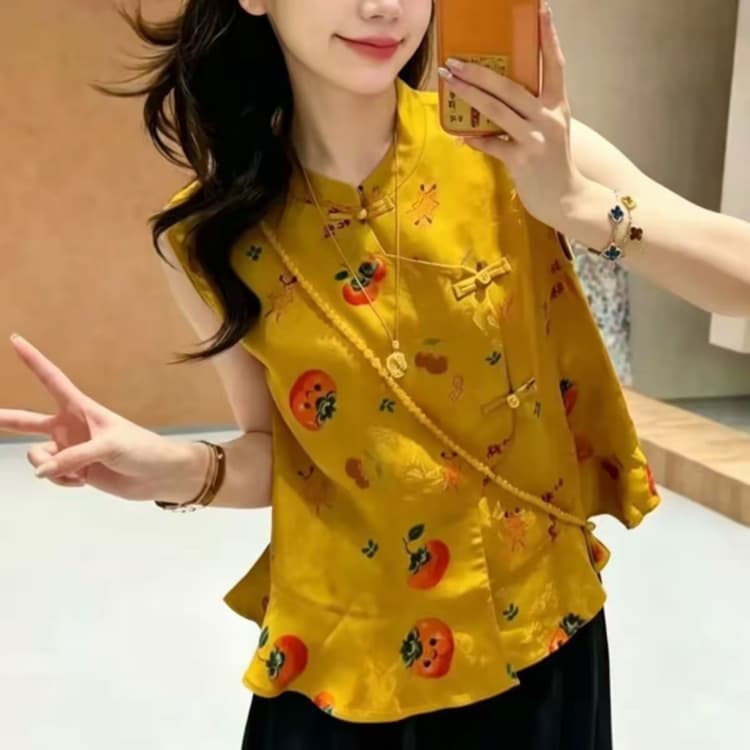 Yellow Persimmon Pattern Plus Size Sleeveless Vest for Middle-aged and Elderly, Loose Comfortable Slimming Top