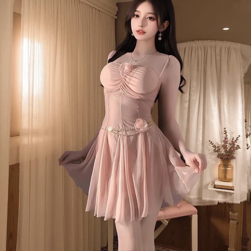 2026 New Sexy Lingerie Mesh Nightgown Pure Desire See-Through Strap Sleep Dress Export QQNY