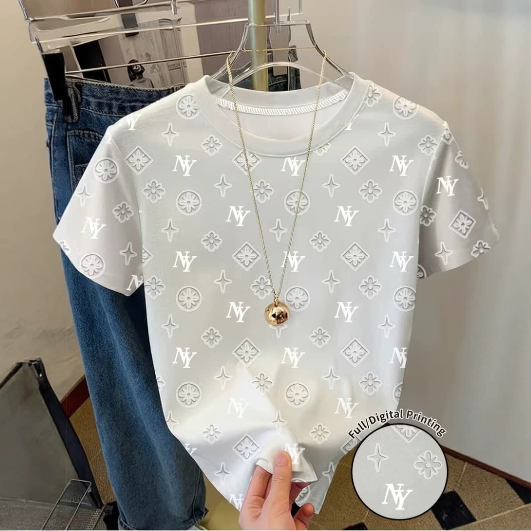 Summer new fashionable colorful printed round neck short-sleeved T-shirt retro light luxury style casual top