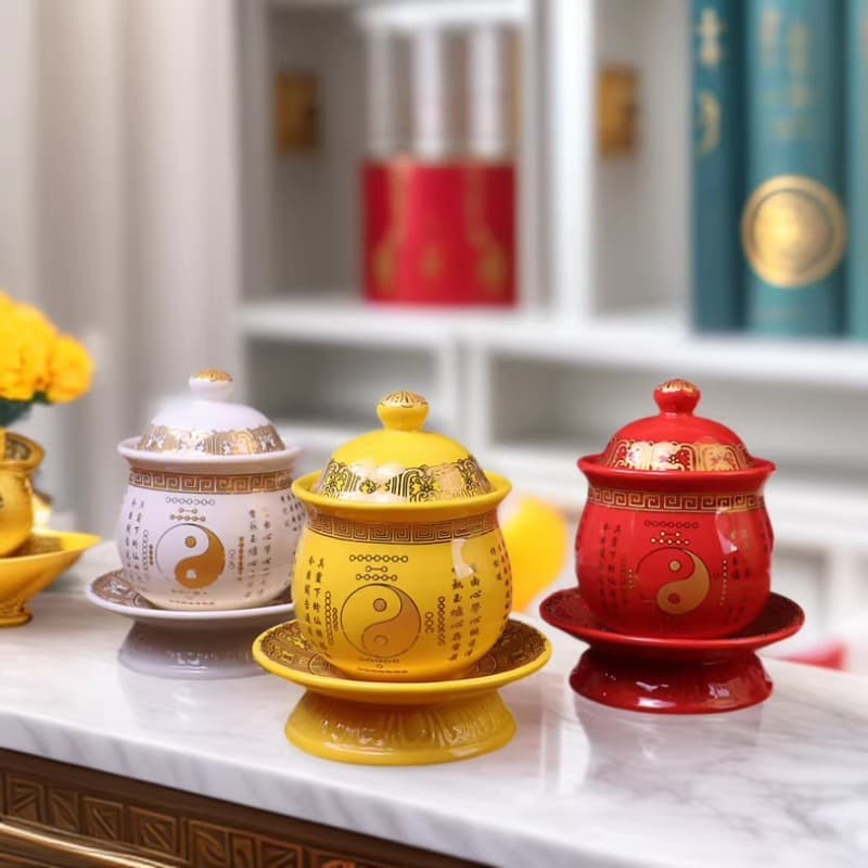 Water Offering Cup Taoist Ritual Cup Ceramic Taoist Bagua Pattern Offering Water Cup Tea Cup Red Yellow Holy Water Cup Taoist Ritual Utensil