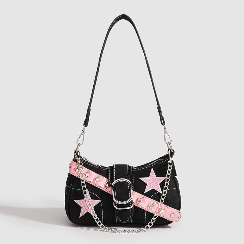 Millennium Metal Star Single Shoulder Bag 2025 New Pink Cool Hot Girl Underarm Bag Hip Hop Style Polyester Lining PU Material