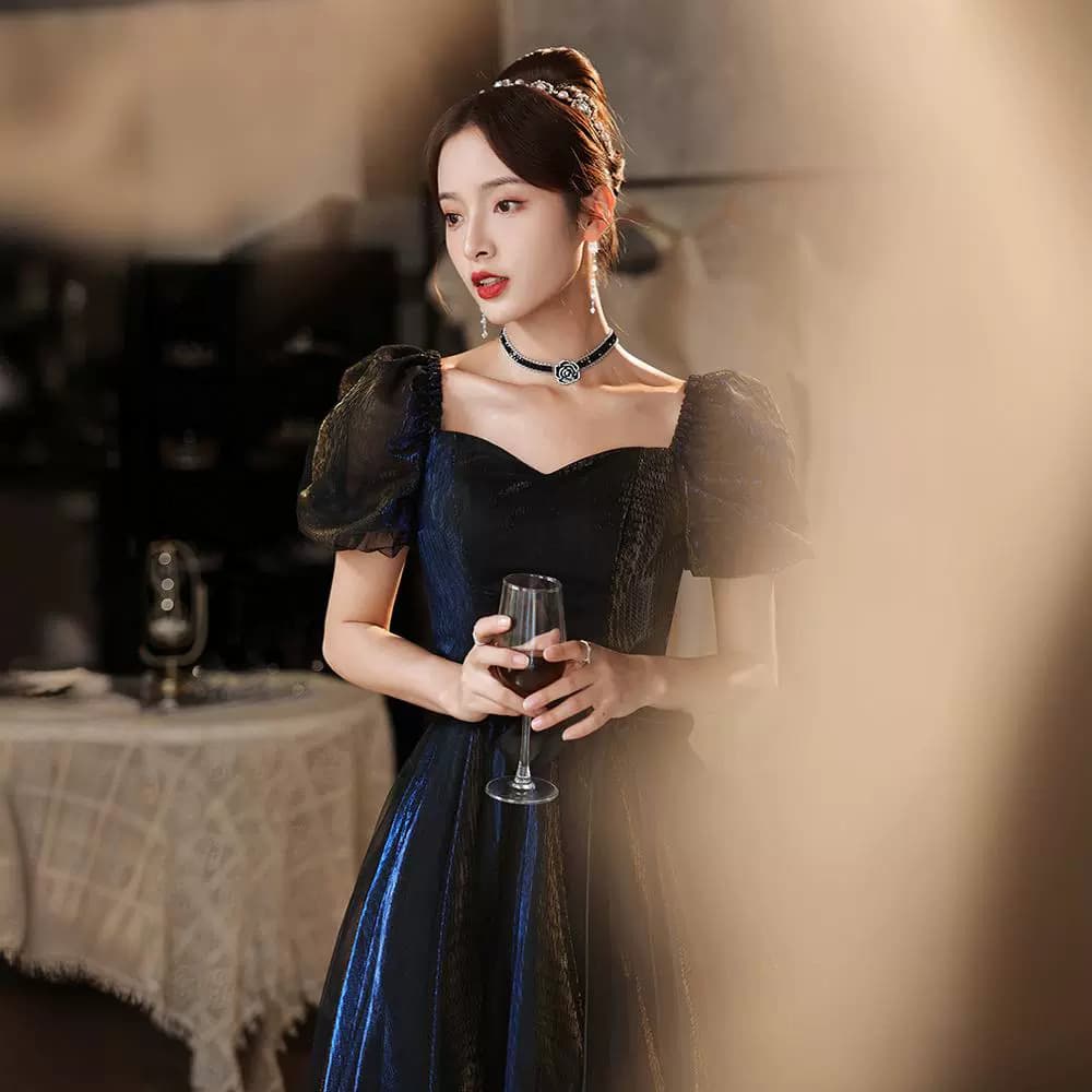 2026 New Year Party Dress Elegant Fitted Black Host Banquet Art Exam Dress for Women