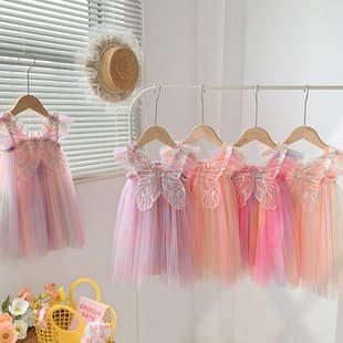 Cross-border Amazon Rainbow Wings Mesh Girl's Dress 2026 Summer Style Flutter Sleeve Baby Princess Tutu Dress