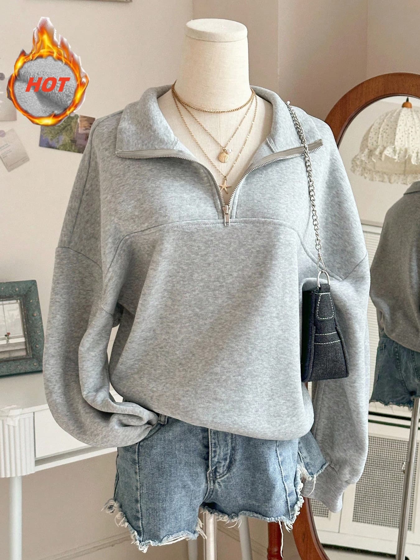 SHEIN 2025 Fall/Winter New School Casual Long-Sleeve Jacket with Turn-Down Collar and Half-Zip Loose Sweatshirt for Cross-Border EU/US Markets
