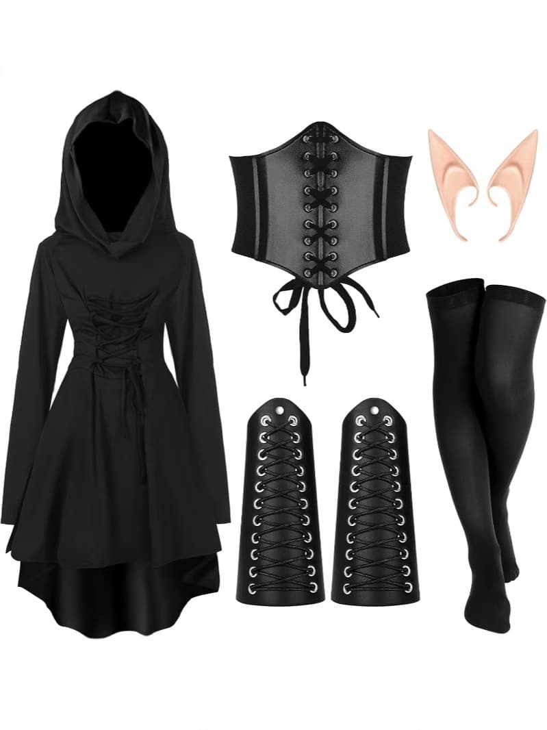 Women's Renaissance Fairy Costume Set Medieval Hooded Robe Elf Ear 5pcs Ice Linen Long Sleeve Sweet Fresh Style Casual Set