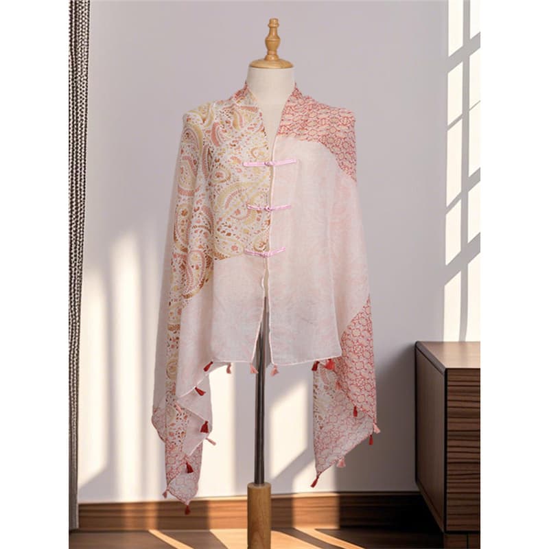 Ethnic Style Buttoned Cape for Women Spring Autumn Outerwear, Oversized Artistic Vintage Sun Protection Wrap, Travel Photogenic Cardigan Scarf