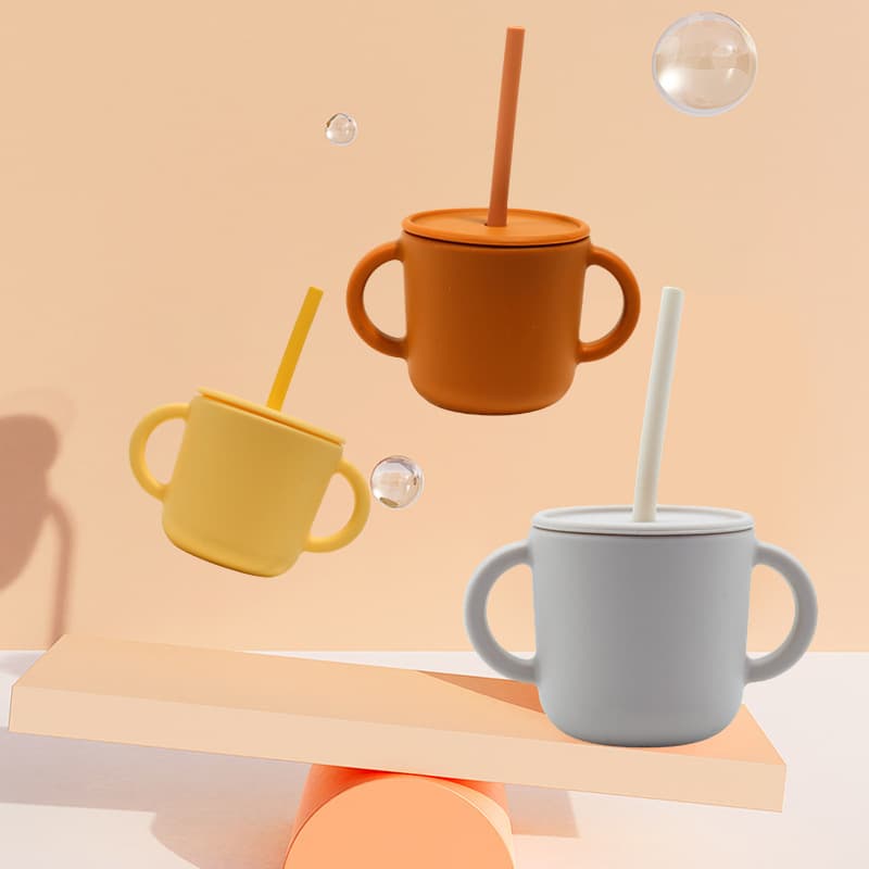 Baby silicone learning drinking cup, baby drinking cup, double ear cup, children's snack cup, food grade silicone straw cup