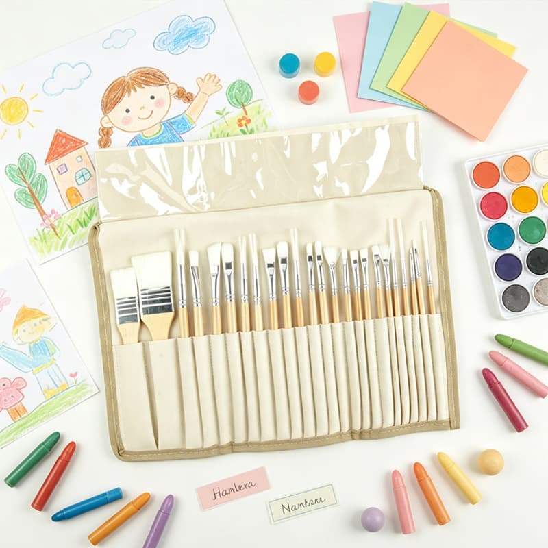 24 Nylon Watercolor Brush Set with Canvas Bag for Gouache, Acrylic, Oil Painting, Flat, Liner, Fan Brushes Factory Direct