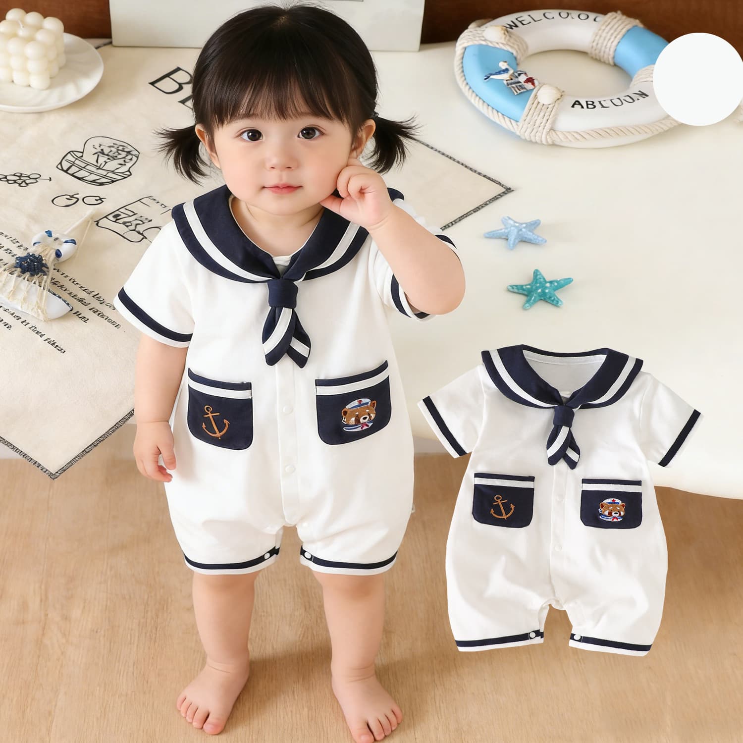 Baby Romper Short Sleeve Cartoon Bear Navy Style Cute Sailor Bodysuit Summer Boys Girls Clothing
