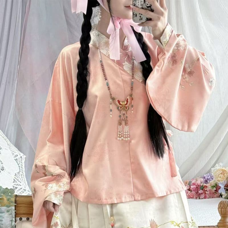 Ruoxi Original Sino-Western Eclectic Ming Style Hanfu Women Cross-Collar Short Shirt Pipa Sleeves Horse-Face Skirt Autumn/Winter Set Lolita