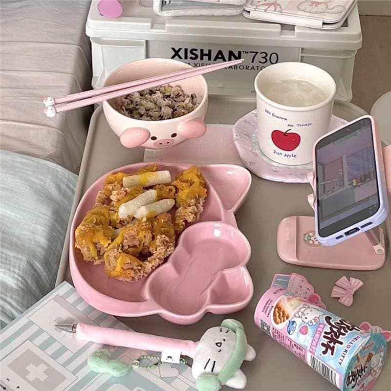 [5507 People Collected] Kitty Wheat Straw Creative Compartment Plate Cartoon Plate Children Household Tableware